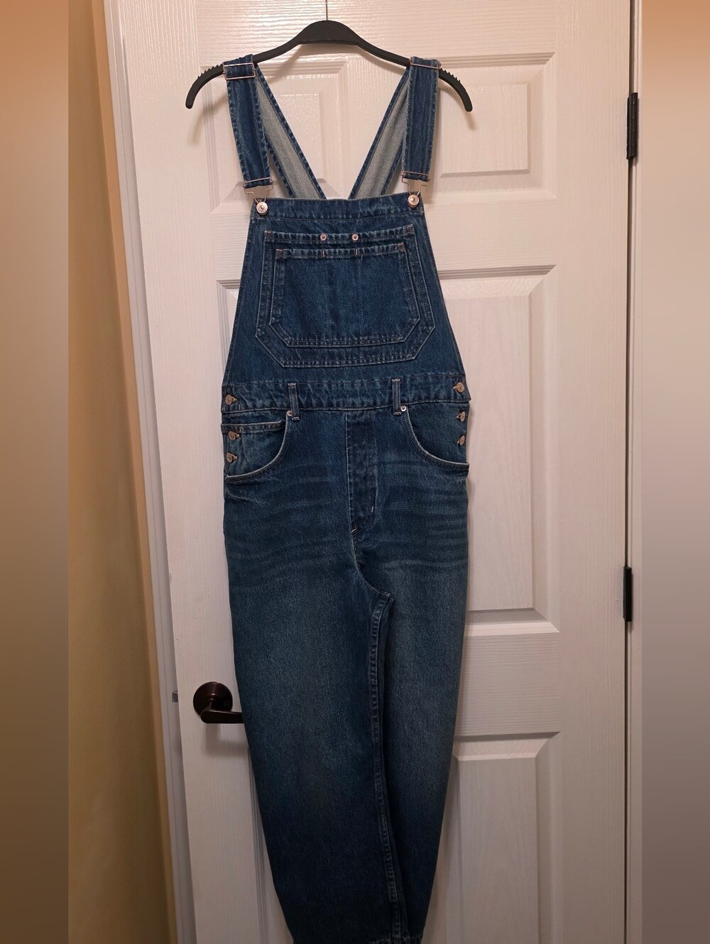 Free People Dark Blue Denim Overalls with Front Bib Pocket